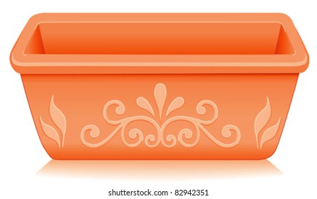 Flowerpot Planter, rectangular terracotta ceramic with embossed clay floral designs. For do it yourself garden, patio, backyard projects. Isolated on white. EPS8 compatible.