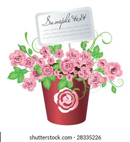 Flowerpot with roses and card