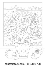 flowerpot with roses, cup of tea and fruits on windowsill against rural landscape outside window for your coloring book