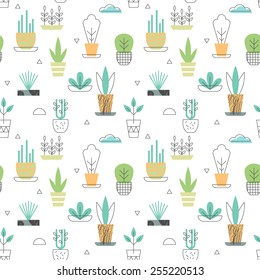 Flowerpot seamless pattern with plants icons