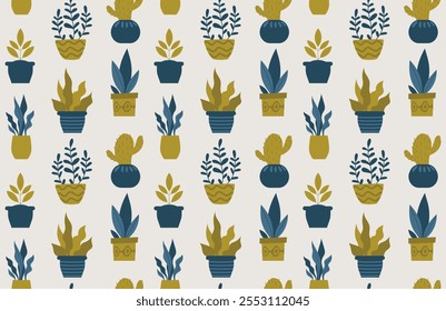 Flowerpot seamless pattern. Repeating design element for printing on fabric. Flower pots with plants. Decor and interior elements. Wallpaper and texture. Flat vector illustration