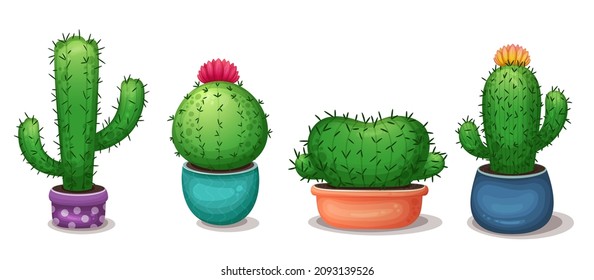 Сactus in flowerpot. Set of сartoon cactus with flowers. Cute succulent collection of exotic plants isolated on a white background. Cartoon succulents in pot. Cactus icons pack. Mexican plant, desert 