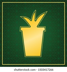Flowerpot sign illustration. Golden icon with gold contour at dark green gridded white background. Illustration.