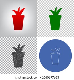 Flowerpot sign illustration. Vector. 4 styles. Red gradient in radial lighted background, green flat and gray scribble icons on transparent and linear one in blue circle.