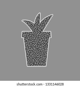 Flowerpot sign illustration. Vector. Black maze filled icon with white border at gray background.