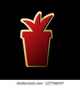 Flowerpot sign illustration. Vector. Red icon with small black and limitless shadows at golden sticker on black background.