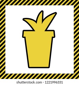 Flowerpot sign illustration. Vector. Warm yellow icon with black contour in frame named as under construction at white background. Isolated.