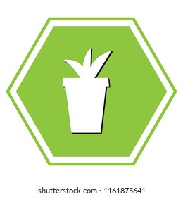 Flowerpot sign illustration. Vector. White icon with black shadow at yellow green honeycomb on white background.