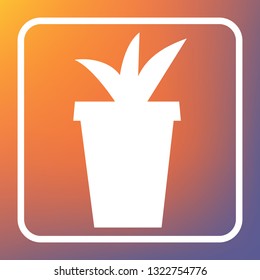 Flowerpot sign illustration. Vector. White icon on transparent button at orange-violet gradient background.