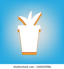 Flowerpot sign illustration. Vector. White icon with 3d warm-colored gradient body at sky blue background.