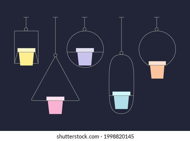 Flowerpot sticker set on a dark isolated backdrop. House plant pot for gift card, home plants store logo, bath tile, web landing page. Phone case or cloth print. Flat style stock vector illustration