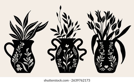 Flowerpot vector illustration, folk art style, silhouette, black and white graphics, isolated elements.	