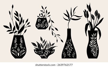 Flowerpot vector illustration, folk art style, silhouette, black and white graphics, isolated elements.	