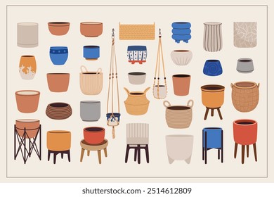 Flowerpot vector illustration set. Baskets, pottery, ceramic vases, and plant pots for home flowers. Stands for floral home decor in Scandinavian style. Various flower pots for house interior design.