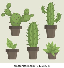  Flowerpots, cacti set. Vector illustration