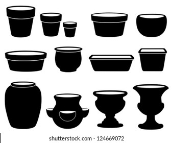 Flowerpots. Clay pottery, ceramics, saucers, bulb, bonsai pans, azalea, garden  planters, strawberry jar, vase, urns. For do it yourself garden, patio, backyard. Black silhouettes on white. EPS8.