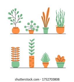 Flowerpots collection. Flowers in vases. Vector collection. House plants.