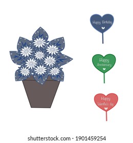 Flowerpots for different occasions,wedding card,n lobirthday cards,Anniversary, Valentine. Vector 