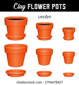 Flowerpots filled with dirt: small, medium, large clay pots and saucers, separate and combined versions, for DIY garden projects.