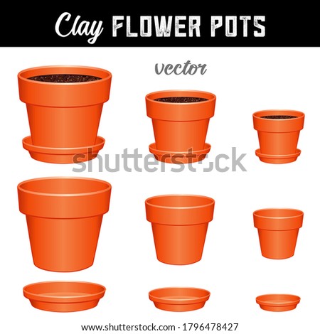 Flowerpots filled with dirt: small, medium, large clay pots and saucers, separate and combined versions, for DIY garden projects.