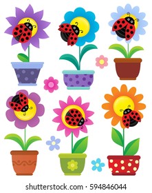 Flowerpots with flowers and ladybugs - eps10 vector illustration.