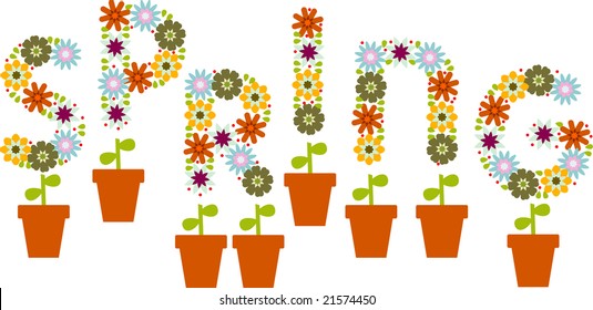 Flowerpots with letters made with flowers form the word spring
