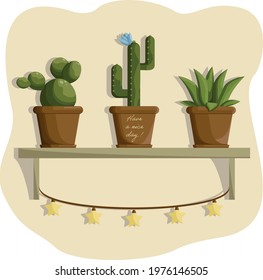 flowerpots on the shelf in the room, wall decor, cactus in pots, cozy room with sunlight, green plants in the house