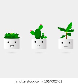 Flowerpots with smiles. Pots with moods. Vector background. 