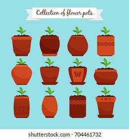 Flowerpots with soil and sprouts isolated on blue background. Ceramic decorative flower pots and potting growing plants, vector illustration
