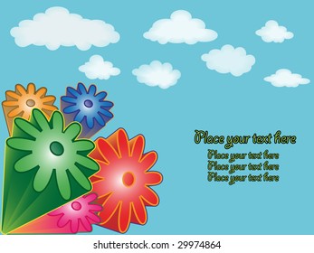Flowers 3D card with clouds and place for text on blue background.