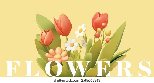 Flowers, 3D. daisies, tulips, leaves, grass. Bright modern banner with flowers for advertising concepts. Natural spring flowers. Vector