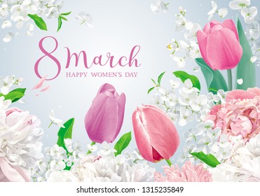 Flowers for 8 March. Vector greeting card in watercolor style with lettering design for 8 March, wedding, Valentine's Day,  Mother's Day, sales and other seasonal events.