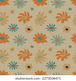 Flowers abstract background design in flat style. Vector seamless pattern with 1970s Hippie retro colors. ready to use for textile, cloth, wrap and other.