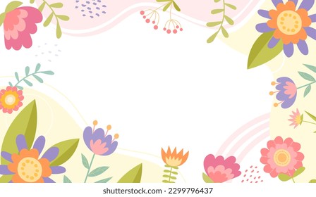 Flores de fondo abstracto. Lugar para textos y presentaciones. Plantas multicolores con flores. Símbolo de primavera y verano del año. Estética y elegancia. Dibujo vectorial plano de dibujos animados