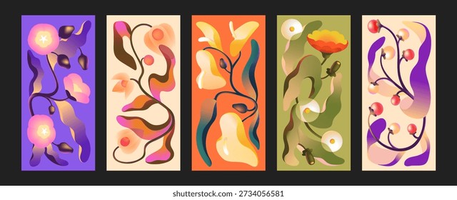 Flores con bayas abstractas en estilo degradado. Diferentes carteles con flores silvestres retorcidas, physalis, diente de león, lilly. Plantas con hojas y ramas torcidas. Ilustraciones vectoriales planas