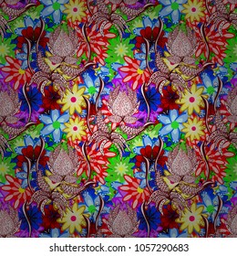 Flowers. Abstract ethnic vector seamless pattern. Flowers of the valley on red, neutral, blue, green and yellow colors.