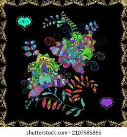 Flowers. Abstract ethnic vector seamless pattern. Flowers of the valley on neutral, black and green colors.