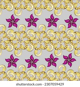 Flowers. Abstract ethnic vector seamless pattern. Flowers of the valley on yellow, brown and gray colors.