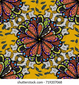 Flowers. Abstract ethnic vector seamless pattern. Flowers of the valley on black, yellow and white colors.