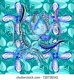 Flowers. Abstract ethnic vector seamless pattern. Flowers of the valley on blue, neutral and white colors.