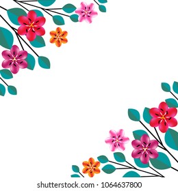 Flowers. Abstract floral background. Angle. Multicolored pattern. Bright. Border. Red. Pink. Purple. Leaves. Bouquet. Border.