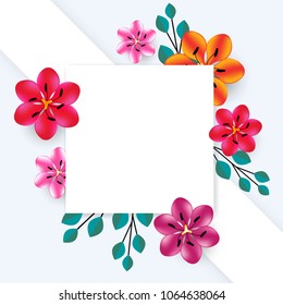 Flowers. Abstract floral background. Multicolored. Bright. Border. Red. Pink. Purple. Leaves. Bouquet. Border.