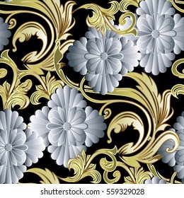Flowers abstract seamless pattern.Floral black background. Flowery damask  wallpaper with vintage decorative surface 3d white flowers, antique leaves and baroque ornaments.Flourish 3d  fabric texture.