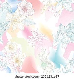 Flowers and abstract wavy blurred lines. Beautiful floral seamless watercolored texture. Endless pattern in bright spring style. Flowing waves splash blossom background graphics.