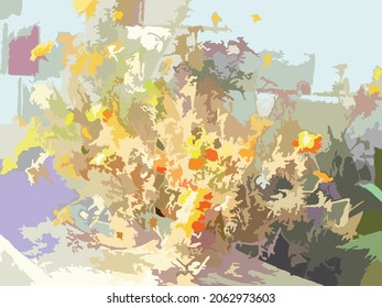 Flowers against the wall for backgrounds and textures or fabric products. Vibrant floral motif in yellow-orange-green tones for holidays and events, prints, postcards, posters, covers, etc.