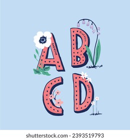 Flowers and alphabet illustration. Girl child tshirt pattern design. T shirt print trendy. young girl and more