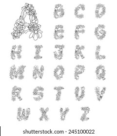 Flowers alphabet letters elegant calligraphic floral decorative sketch typeset icons isolated vector illustration