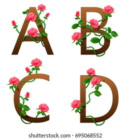 Flowers alphabet with red roses. vector illustration
