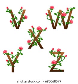 Flowers alphabet with red roses. vector illustration