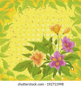 Flowers alstroemeria and pattern of leafs on yellow background. Vector